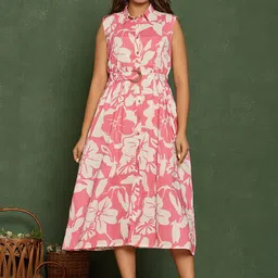 ARAVALII Women Shirt Collar Floral Print Cotton Fit & Flare Dress-image-41