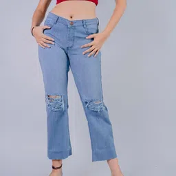Wasomii Women Jean Straight Fit Mildly Distressed Stretchable Jeans-image-4
