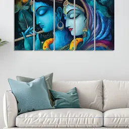 RANDOM Vinyl Blue & Yellow 5 Piece Radha Krishna Religious Canvas Wall Paintings image 2