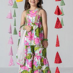 BAESD Girls Floral Printed Pleated Gotta Patti Kurta with Sharara & With Dupatta-picture-29