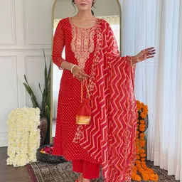 KALINI Bandhani Zari Embroidered Round Neck Straight Kurta With Trousers & Dupatta-image-32