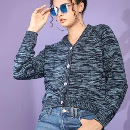 Roadster Women V Neck Long Sleeves Woollen Cardigan-image-8