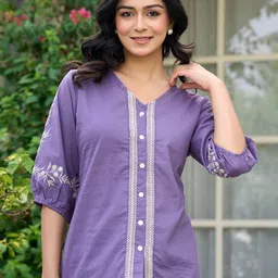 GHUMMAN SONAKSHI Women Embroidered V-Neck Puff Sleeve Cotton Top-image-30