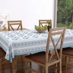 Texstylers White & Blue Ethnic Motifs Printed Pure Cotton 6-Seater Rectangle Table Cover image 3