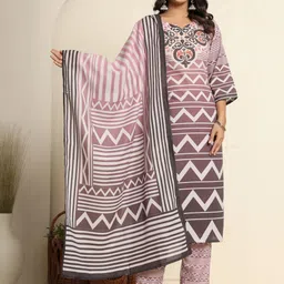 FLAMBOYANT Cotton Beige Printed Floral Motif Embellished V- Neck Kurta Pant & Dupatta-image-5