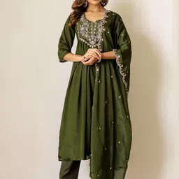 SANISA Women Green Silk Chiffon Embroidered Kurta & Trousers With Dupatta-image-67