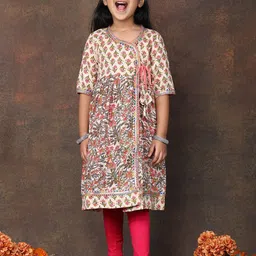 Here&Now X Kinder Kids Girls Floral Printed Angrakha Pure Cotton Kurta-picture-10