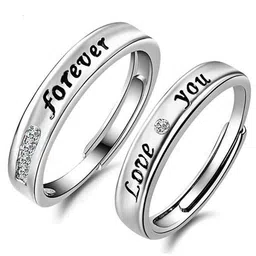 Moneekar Jewels Unisex Silver-Tone CZ-Accented Adjustable Couple Finger Rings-image-13