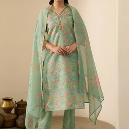 Anouk Floral Printed V-Neck Thread Work Linen Straight Kurta With Trousers & Dupatta-image-49