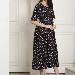 Metronaut Floral Printed Belted Round Neck Fit & Flare Midi Dress image 5