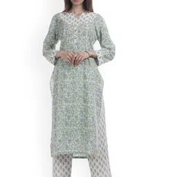 TAJNAN Floral Printed Notch Neck Pure Cotton Straight Kurta With Trousers-picture-10