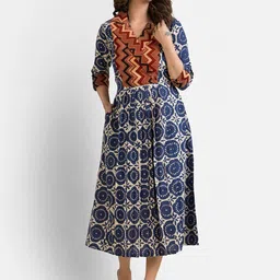 Crazy Needle Women Ethnic Motifs Printed Lapel Collar Cotton Fit & Flare Midi Dress image 2