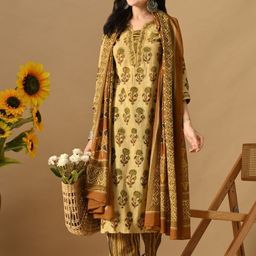 HERE&NOW Women Ethnic Motifs Printed Regular Thread Work Pure Cotton Kurta with Trousers & With Dupatta-picture-17