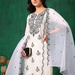 KALINI Women Embroidered Regular Thread Work Chanderi Cotton Kurta with Trousers & With Dupatta image 4