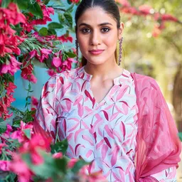 SZN Floral Printed Mandarin Collar Straight Kurta With Trouser And Dupatta image 5