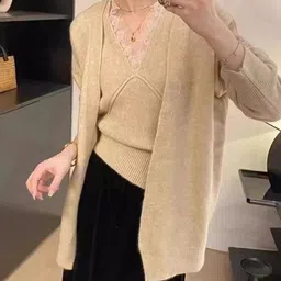 bebe V-Neck Lace Trim Vest and Cardigan-picture-14