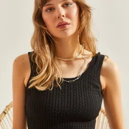 BIANCO LUCCI Women Striped Round Neck Sleeveless Crop Top-image-90