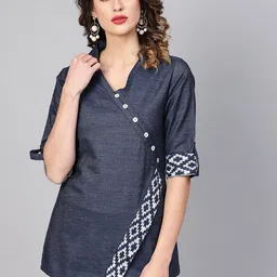 IKRASS Printed Roll-Up Sleeve Denim Indigo Shirt Style Top-picture-37