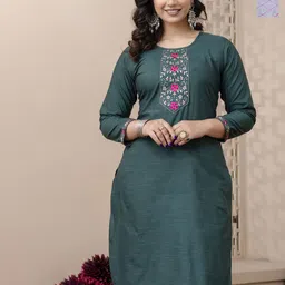 AUZAAI COLLECTION Selection Of 2 Floral Embroidered Thread Work Straight Cotton Kurtas-picture-25