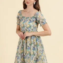 SHOWOFFFF Floral Print Puff Sleeve Chiffon A-Line Dress image 2