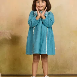 TINY TWILLS Embroidered Puff Sleeve Linen Fit & Flare Dress-picture-41