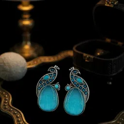 The Style Courtyard Artificial Stones Studded Oxidised Peacock Shaped Drop Earrings image 1