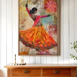 Art Street Orange-Coloured & Beige Lady Kathak Dance Canvas Wall Art-picture-33