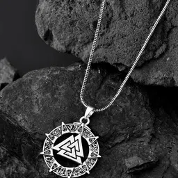 Voylla Men Silver-Plated Statement Valknut Star Shaped Oxidised Pendant With Chain-picture-18