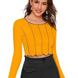 Fashion Care Adults-Women Yellow Solid Polyester Round Neck Regular Top-image-88