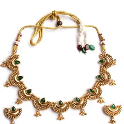 StileAdda Gold Plated Green Stone Studded Half Moon Necklace with Earrings image 3