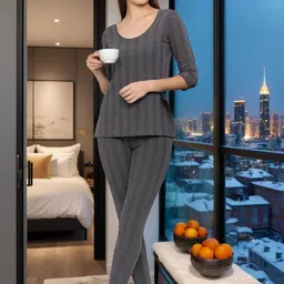 TRENDY RABBIT Women Round Neck Striped Thermal Set-image-74