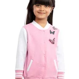 UNDER FOURTEEN ONLY Girls Colourblocked V-Neck Applique Front Open Cotton Sweatshirt-image-93