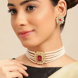 Anouk Women Gold-Plated Kundan Studded & white Pearl Choker Jewellery Set image 1