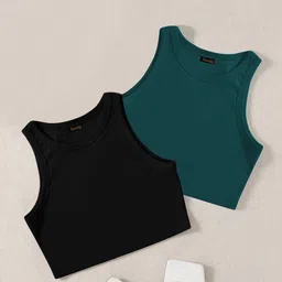 TOOCHKI Pack Of 2 Ribbed Round Neck Sleeveless Crop Tank Tops-picture-13