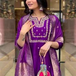 SZN Women Ethnic Motifs Embroidered Regular Kurta with Trousers & With Dupatta image 4