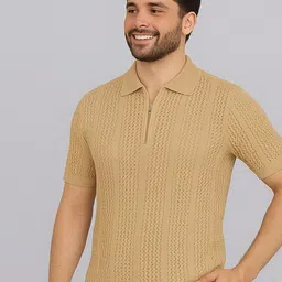 FEVERFEW Men Self Design Polo Collar Cotton T-shirt-image-12