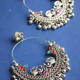 Sangria Silver Plated Artificial Stones Studded & Beaded Oxidised Drop Earrings image 1