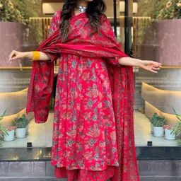 DIVASTRI Floral Printed V-Neck Panelled Anarkali Kurta With Palazzos & Dupatta image 5