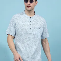 Crimsoune Club Geometric Printed Band Collar Cotton Short Kurta-picture-22