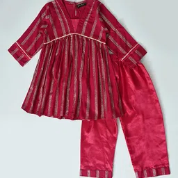 Bella Moda Girls Ethnic Motifs Printed Pleated Silk Crepe Kurti with Trousers image 2