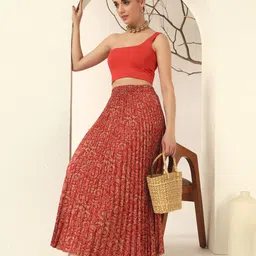 zwerlon Women Printed Pleated Red, Beige Skirt image 5