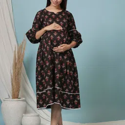 Ikk Kudi by Seerat Women Floral Printed Puff Sleeve Maternity Fit & Flare Midi Dress-image-41