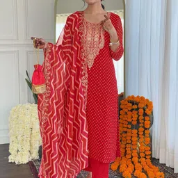 TWINS LADY Bandhani Printed Sequinned Straight Kurta with Trousers & Dupatta-image-12