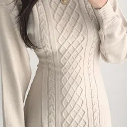 DressBerry Women Self Design Cable Knit Round Neck Long Sleeves Longline Jumper Sweater image 4