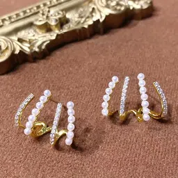 Krelin Gold-Plated Artificial Stones Studded & Beaded Triple Hoop Contemporary Studs-picture-22