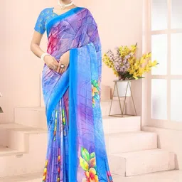 ZAMUNA Floral Printed Pure Georgette Leheriya Saree with Blouse Piece-picture-21