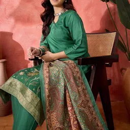 Sangria Floral Yoke Design V-Neck Straight Kurta With Trousers & Dupatta-picture-22