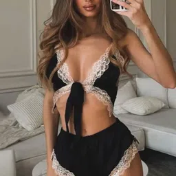 LULU & SKY Women Lace Trim Tie-up Night suit image 4