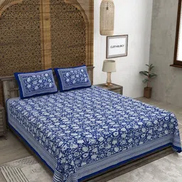 CLOTHOLOGY Blue & White Floral 180 TC King Bedsheet with 2 Pillow Covers image 1