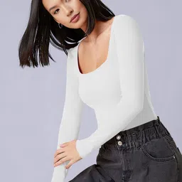 Maheshvi Sakira Women Ribbed Square Neck Long Sleeves Fitted Top image 3